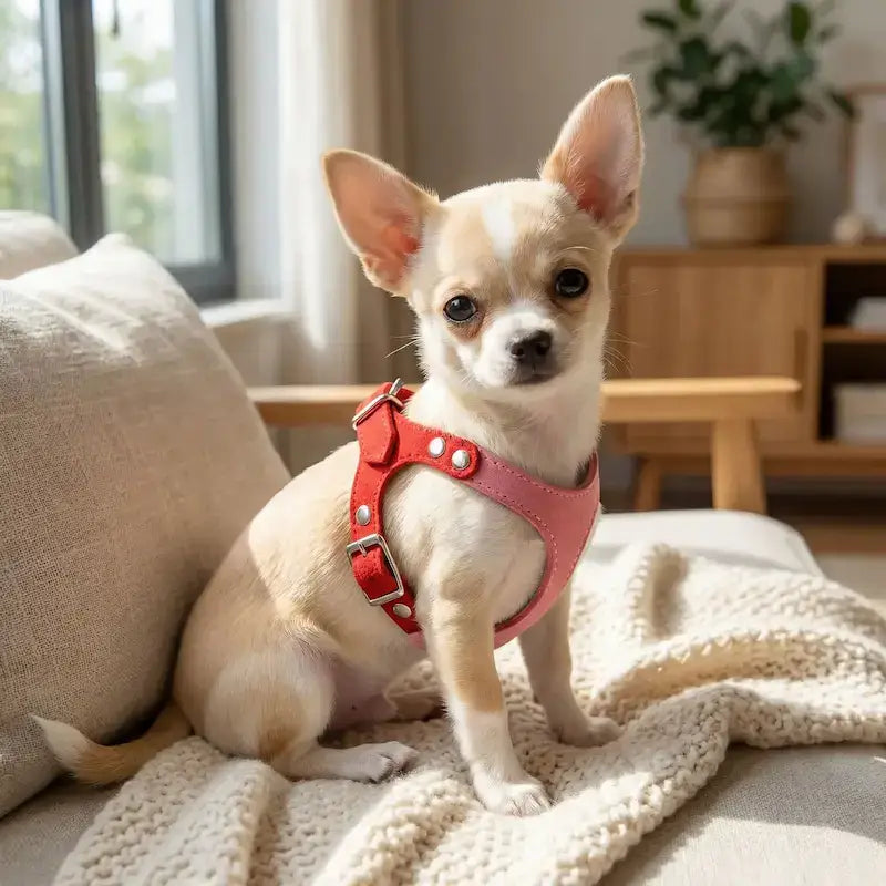 Un chiot chihuahua assis sur un canapé avec son collier ou harnais pour chiot rose.