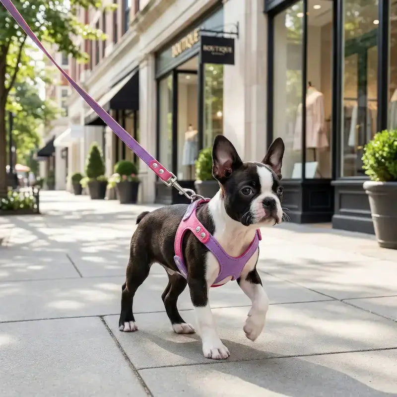 Un chiot boston terrier en laisse sur un trottoir en ville avec son collier ou harnais pour chiot violet.