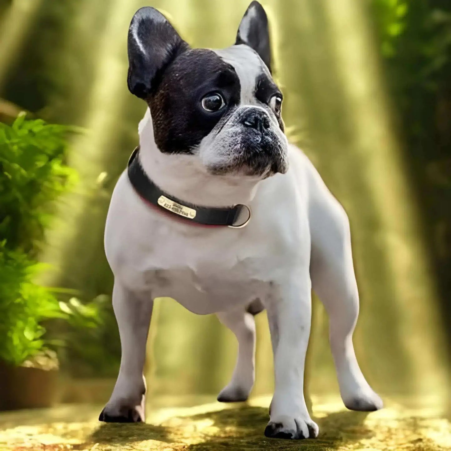 Un bouledogue français blanc debout dans le rayon de soleil avec son collier personnalisable pour chien. 