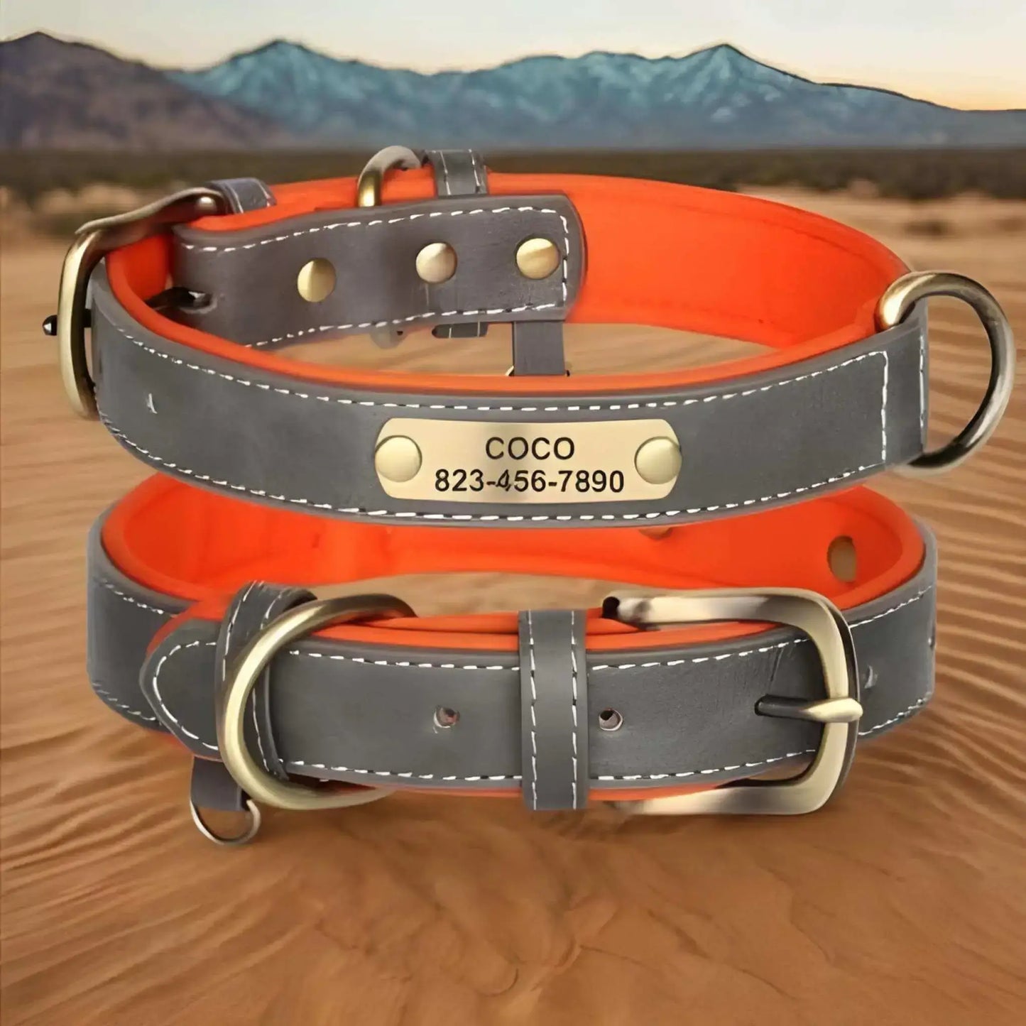 Un collier personnalisable pour chien en cuir PU gris et orange, vu de la boucle et de la plaque pour personnaliser.