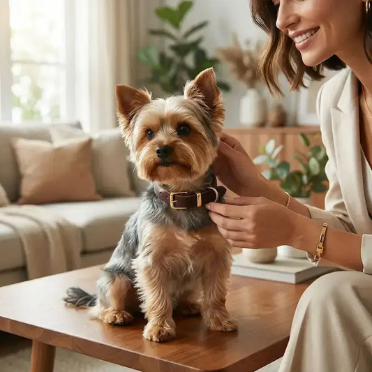 Une femme dans un salon avec son yorkshire sur la table qui porte le collier pour petit chien en cuir marron.
