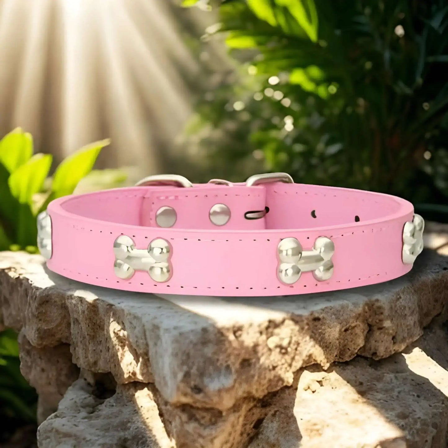 Collier pour chien en cuir PU ColliBone rose sur un rocher