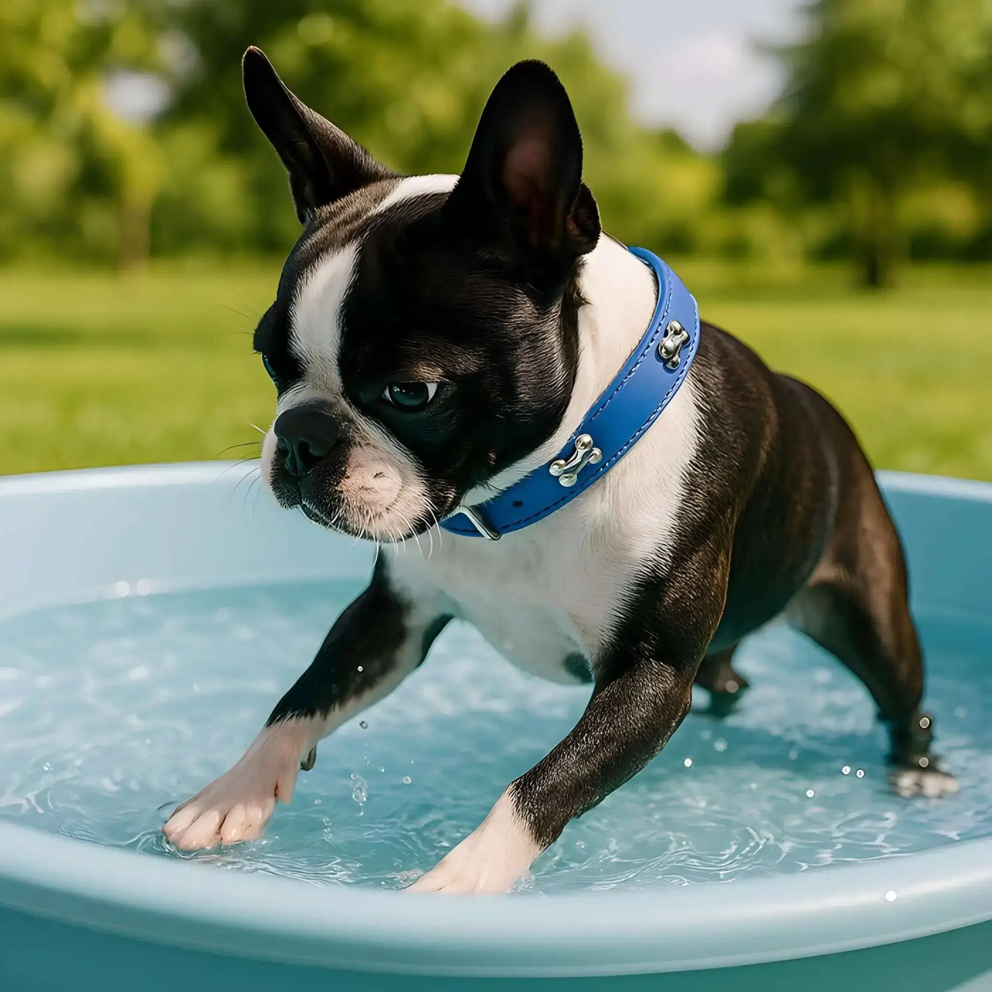 Un Boston Terrier joue dans une piscine avec son collier pour chien ColliBone bleu.