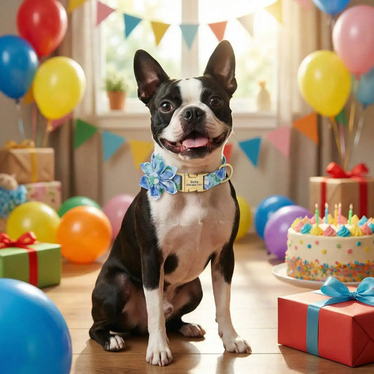 Un Boston terrier dans une fête d'enfants porte un collier pour chien de fantaisie Fleuralie bleu.