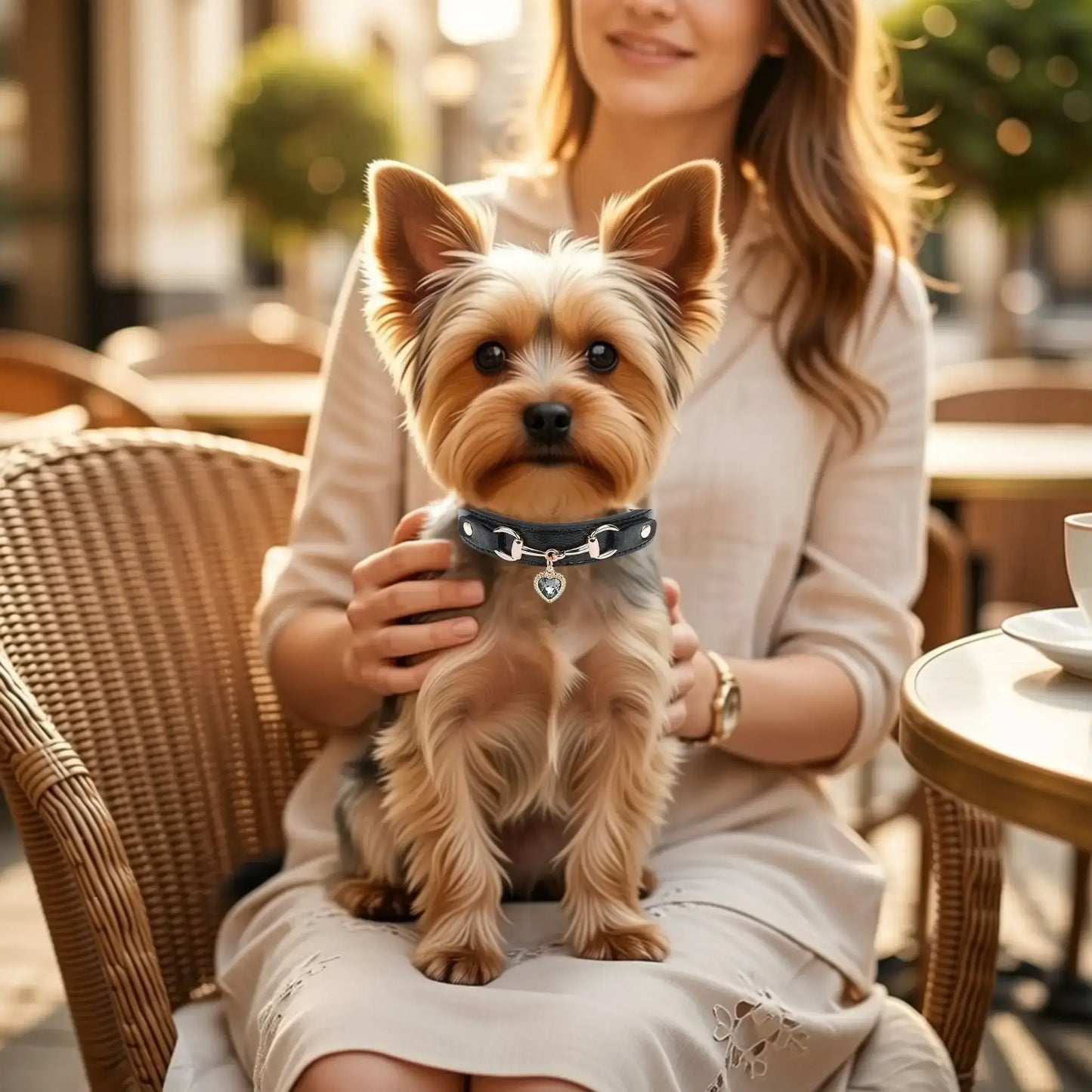 Une femme assise sur une terrasse avec son yorkshire sur ses genoux qui porte un collier pour chien noir.