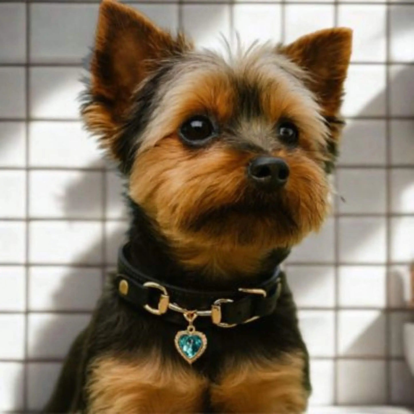 Un Yorkshire noir avec un collier pour chien noir devant un mur à carreaux blancs.