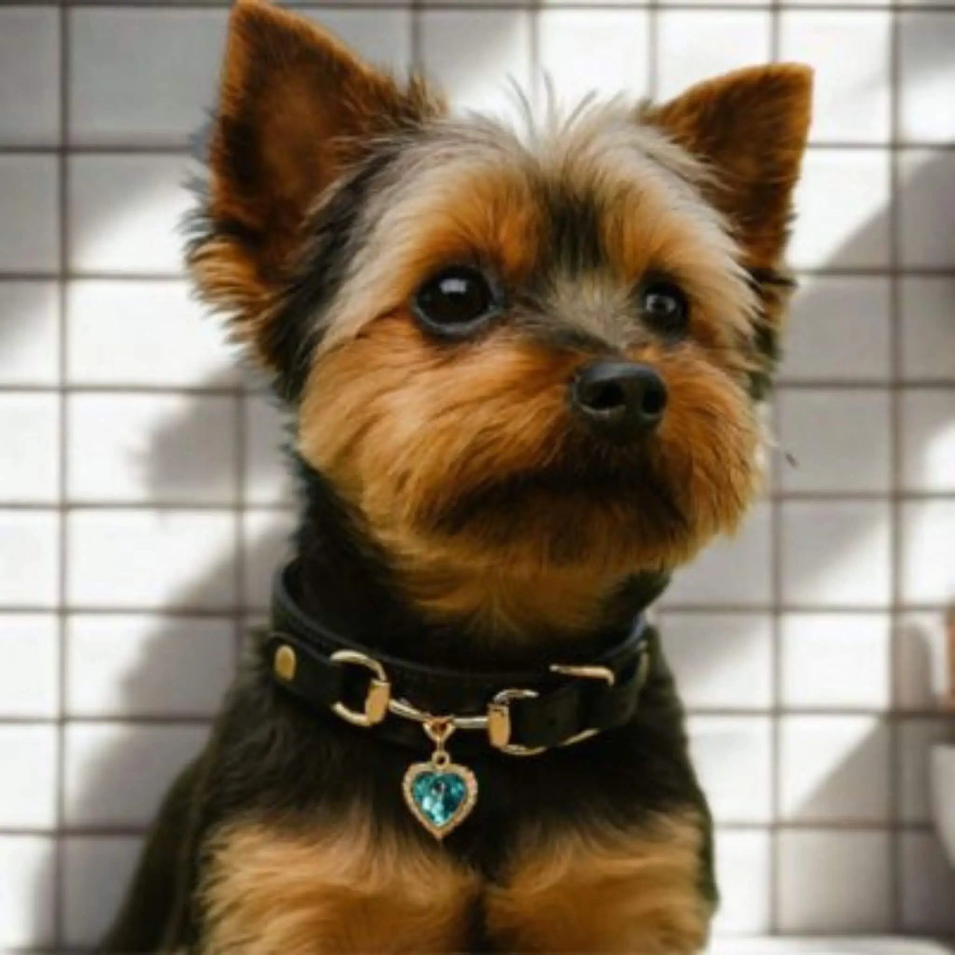 Un Yorkshire noir avec un collier pour chien noir devant un mur à carreaux blancs.