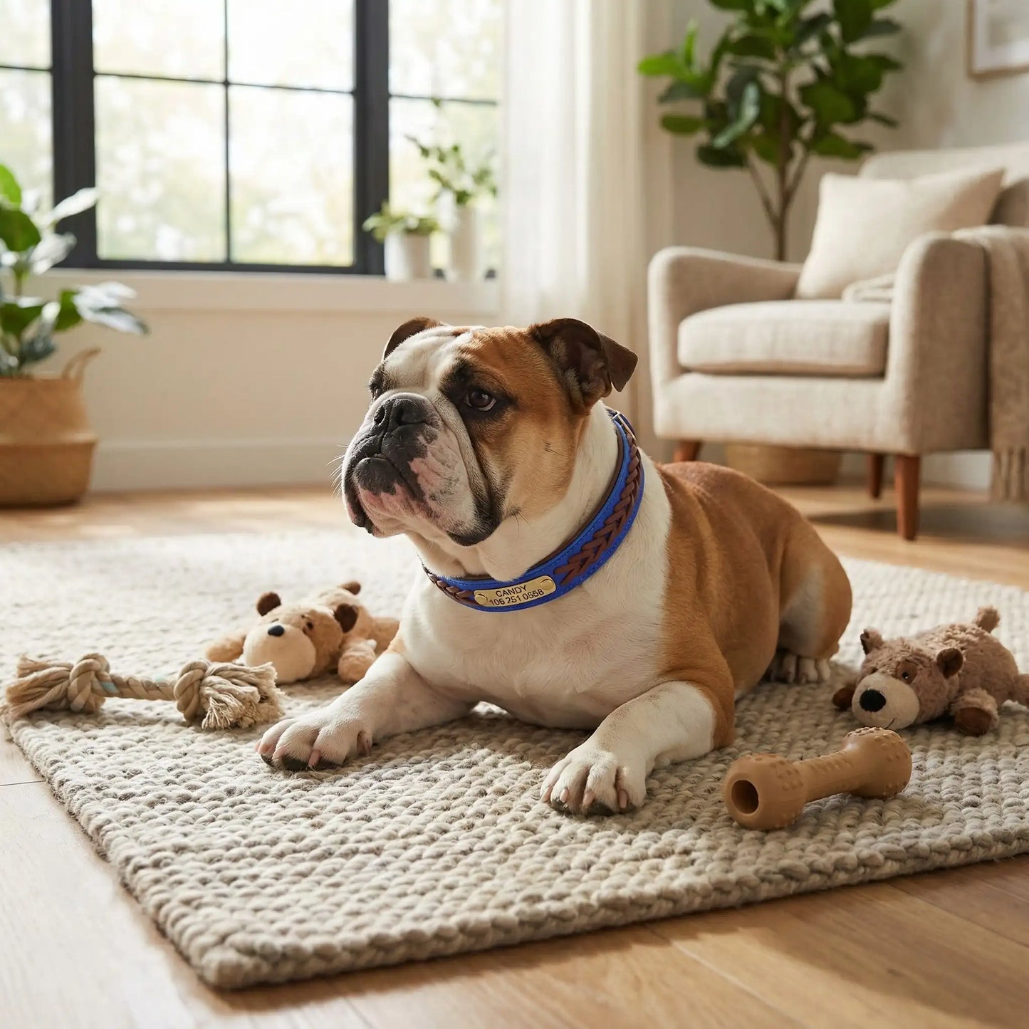 Un chiot bouledogue anglais allongé sur un tapis dans un salon porte le collier pour chien personnalisable bleu.