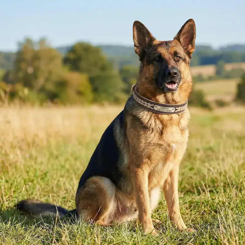 Un berger allemand assis dans un champ porte le collier pour chien personnalisable marron.