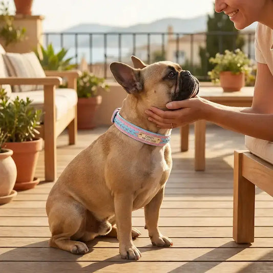 Une femme sur une terrasse caresse son bouledogue français qui porte le collier pour chien personnalisable rose.