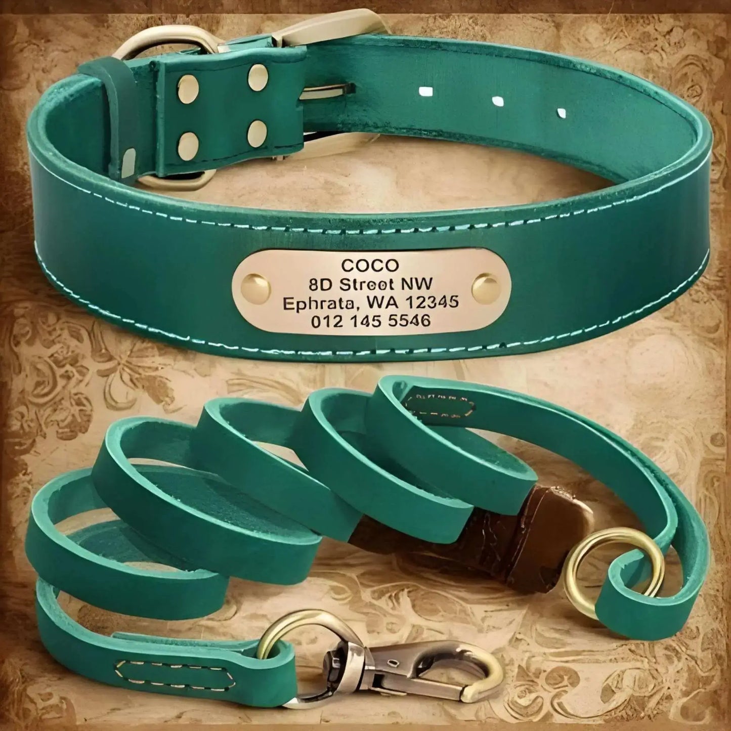 Un collier pour chien personnalisé et une laisse assortie verte.