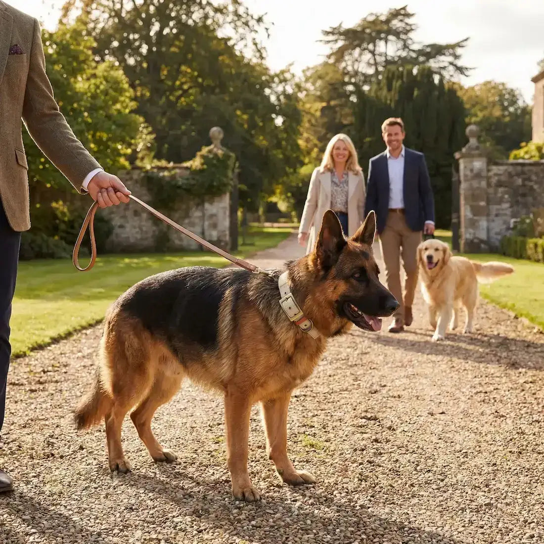 Un homme avec son berger allemand dans l'entrée d'un domaine porte le collier pour chien réfléchissant beige.