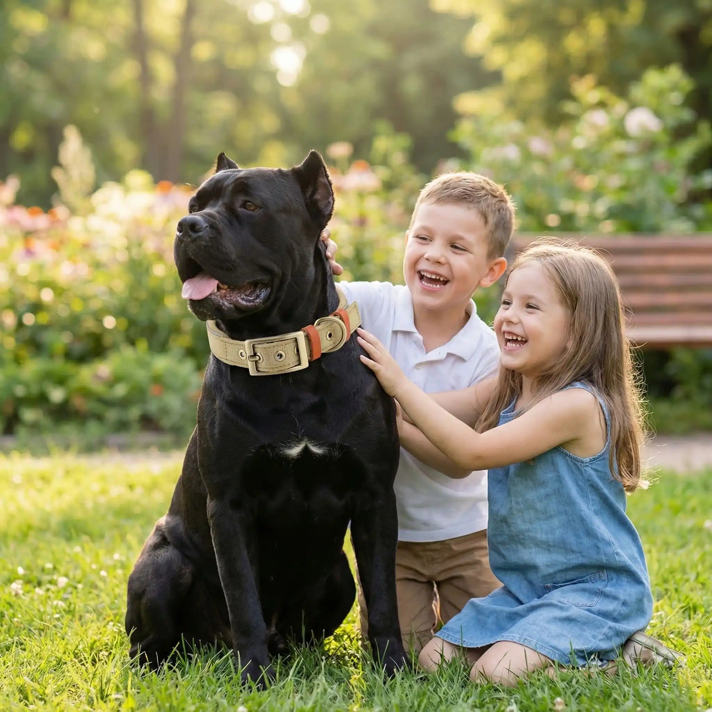 Deux enfants avec un cane corso noir assis sur la pelouse avec son collier pour chien réfléchissant couleur brun coyotte.