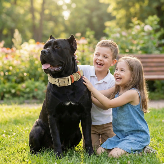 Un cane corso avec deux enfants porte le collier pour chien réfléchissant Lustran brun coyotte.