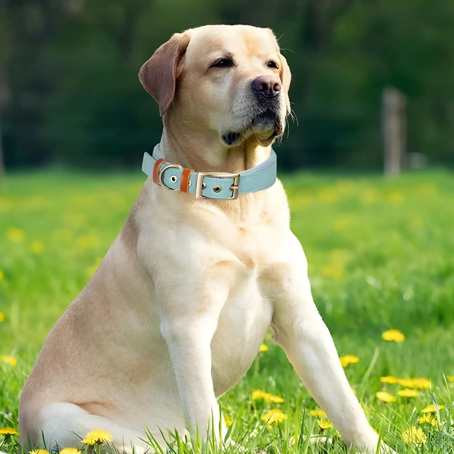 Un labrador assis sur une pelouse porte le collier pour chien réfléchissant turquoise.