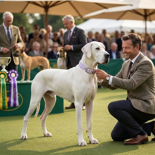 Un homme met en place le collier pour chien réfléchissant violet à un grand danois dans un dog show.
