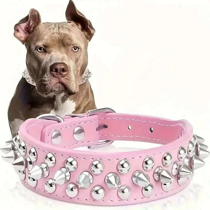 Un pittbull brun avec un collier pour chien rose à pointes en avant de lui.