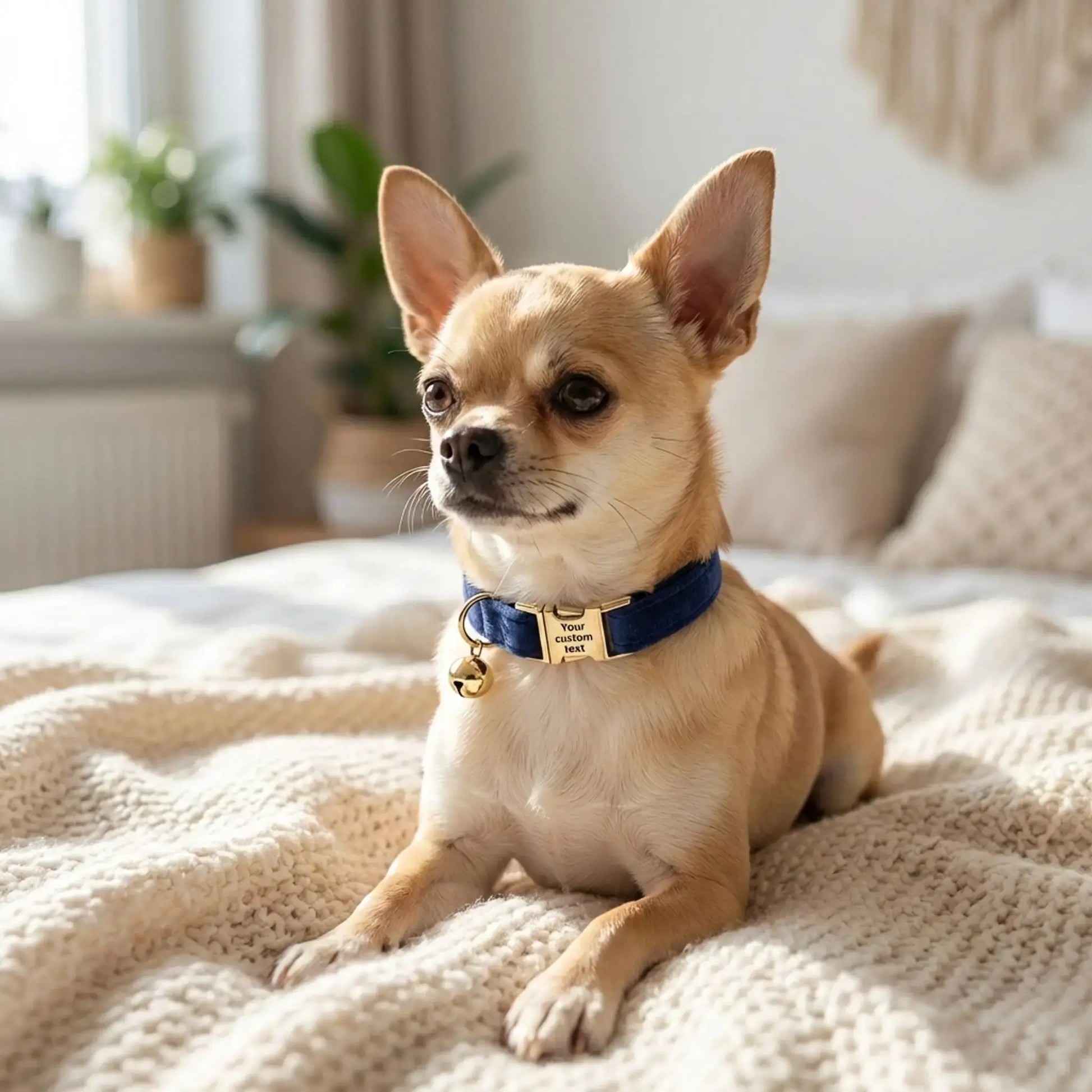 Un chihuahua allongé dans un lit porte un collier pour chiot bleu marin.