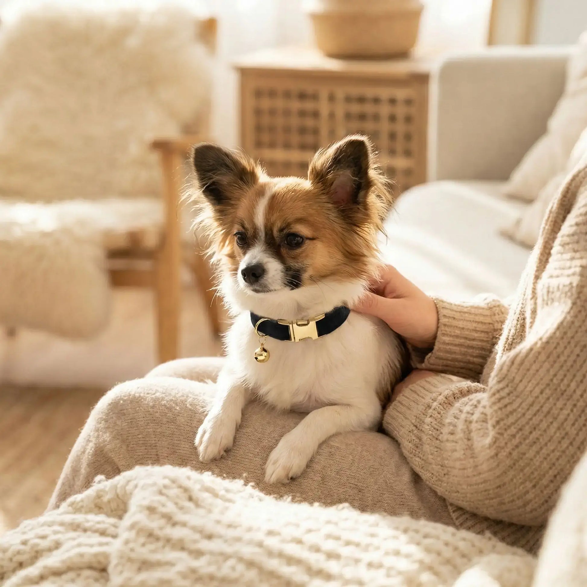 Un chihuahua papillon sur les genoux de sa maîtresse porte un collier pour chien noir.