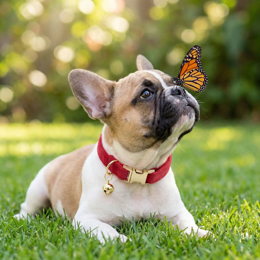 Un chiot bouledogue français couché sur une pelouse avec un papillon sur le nez porte un collier pour chiot Veloutra rouge.