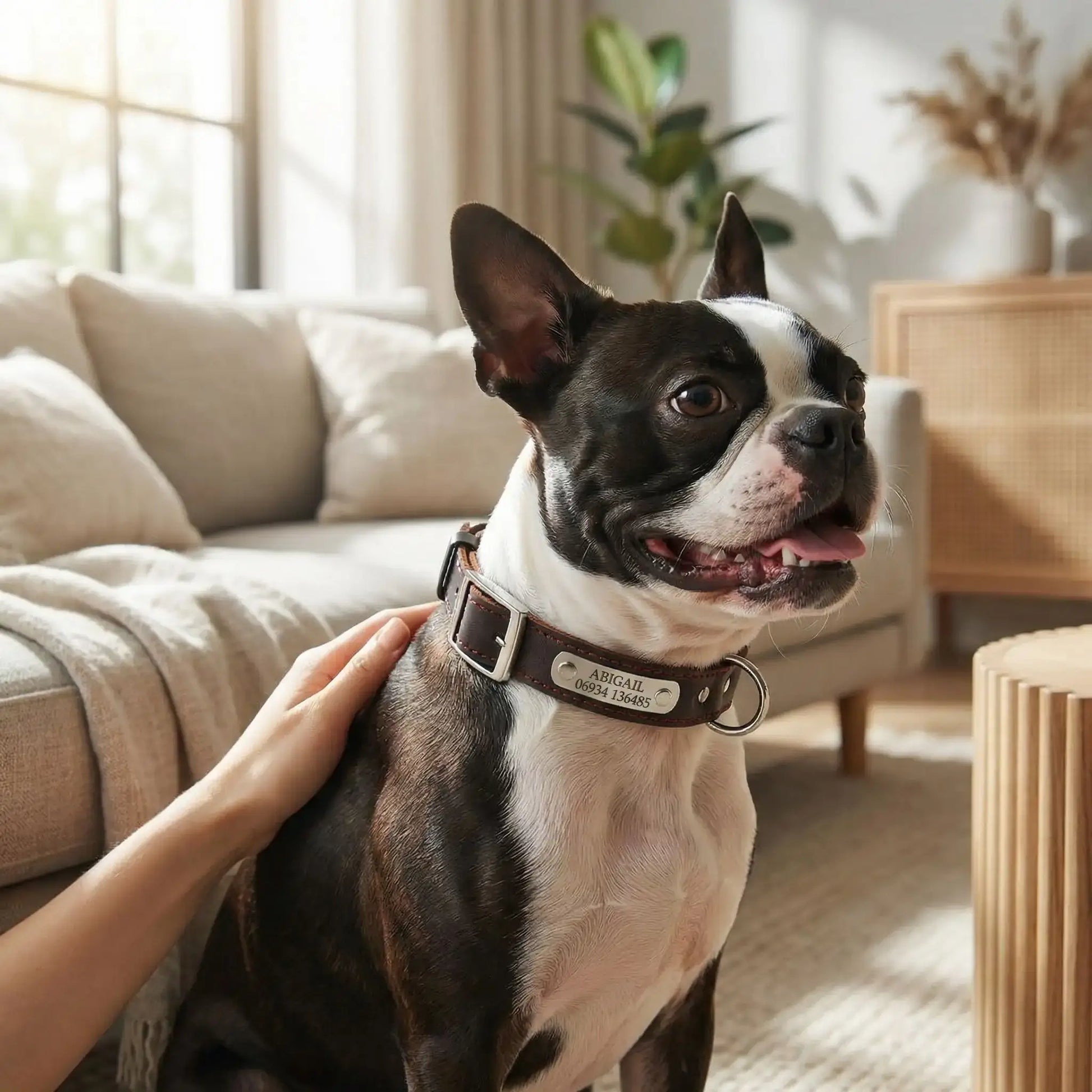 Un Boston terrier assis dans un salon avec son collier pour petit chien en cuir.