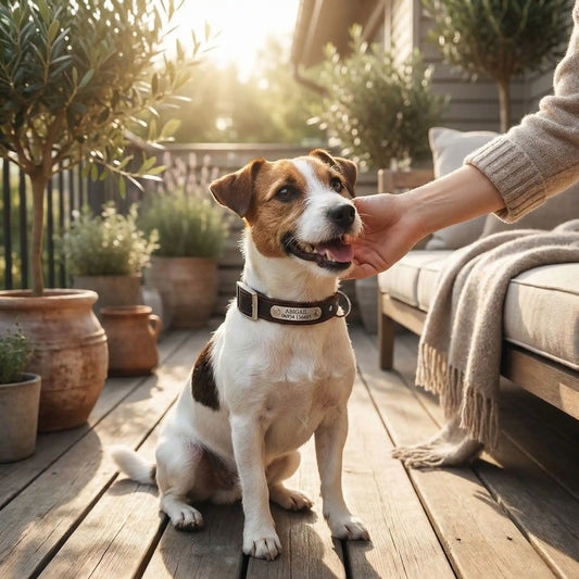 Un jack russell assis sur une terrasse avec sa maitresse porte un collier pour petit chien en cuir PatteOr.