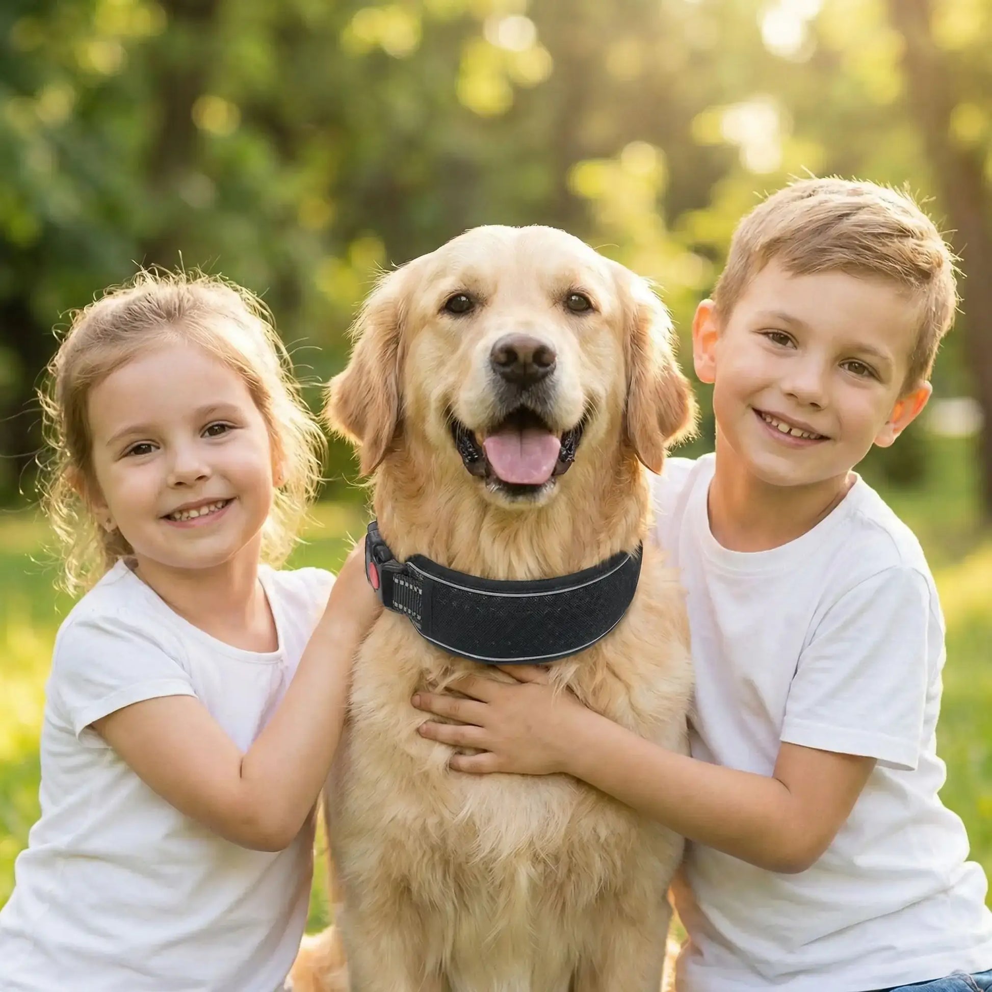 Deux enfants avec un golden retriever qui porte un collier réfléchissant pour chien noir.