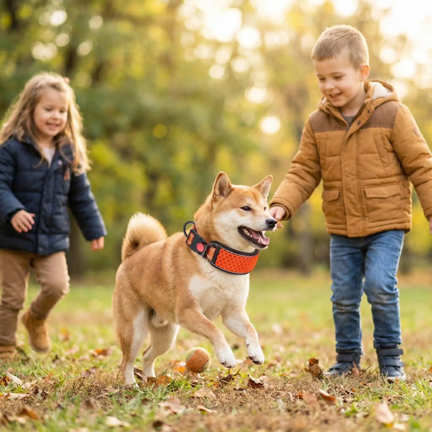 Deux enfants jouent avec un shiba inu qui porte un collier réfléchissant pour chien orange.