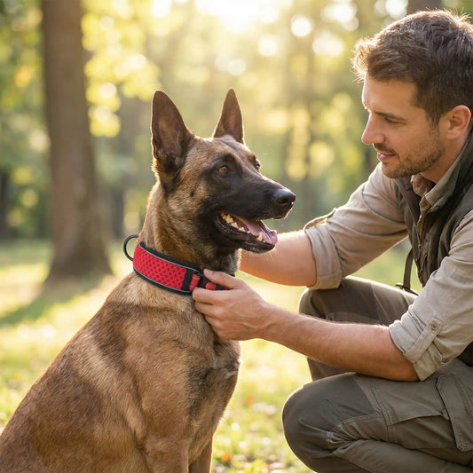 Un homme met en place le collier réfléchissant pour chien à son malinois.