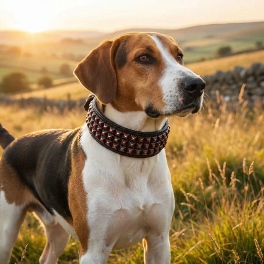 Un foxhound anglais dans un champ porte les colliers en cuir pour chiens Virtuose rouge.