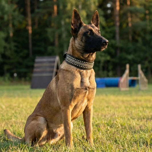 Un malinois assis sur la pelouse porte les colliers en cuir pour chiens avec ornement argent.