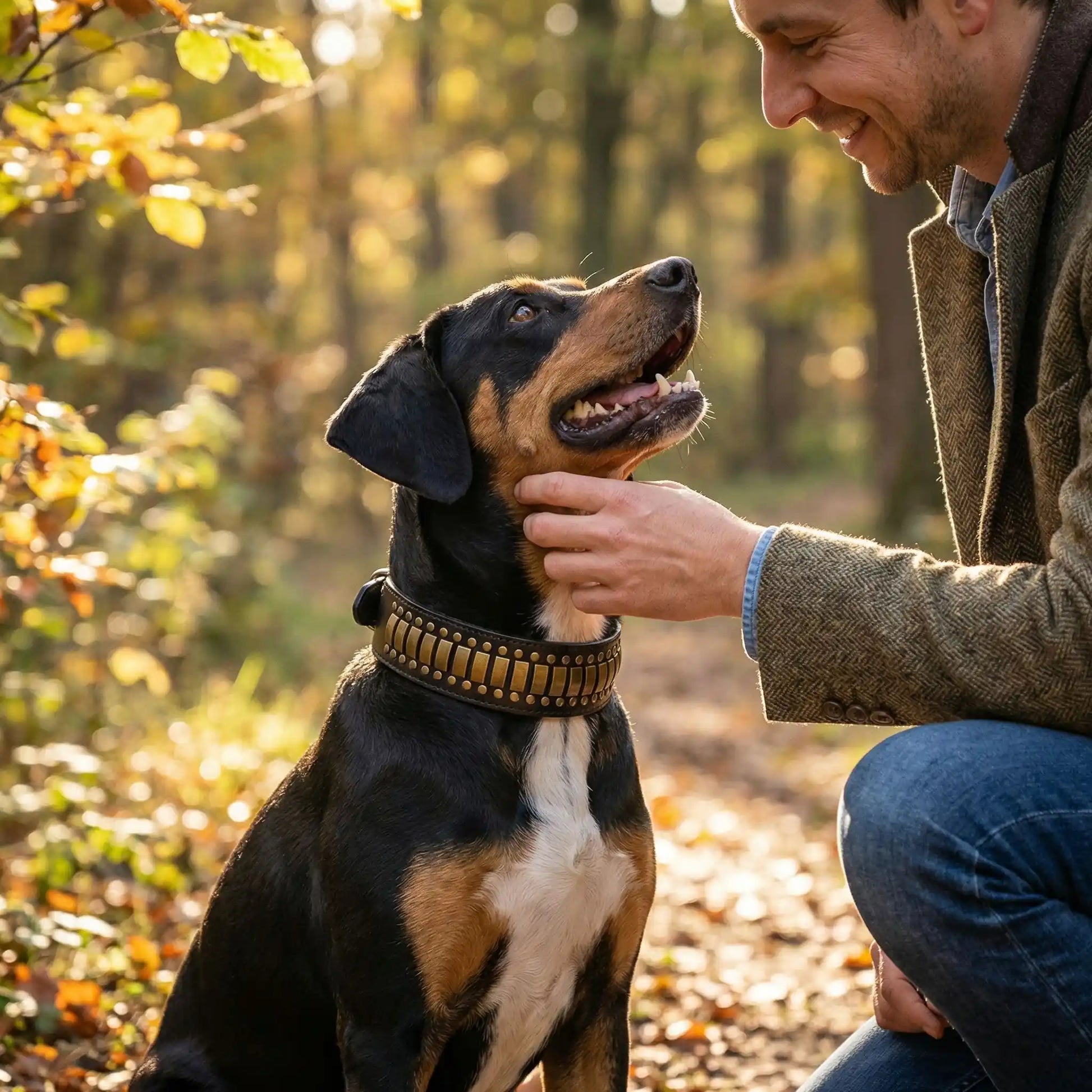 Un homme caresse son pinscher autrichien qui porte les colliers en cuir pour chiens avec ornement or.