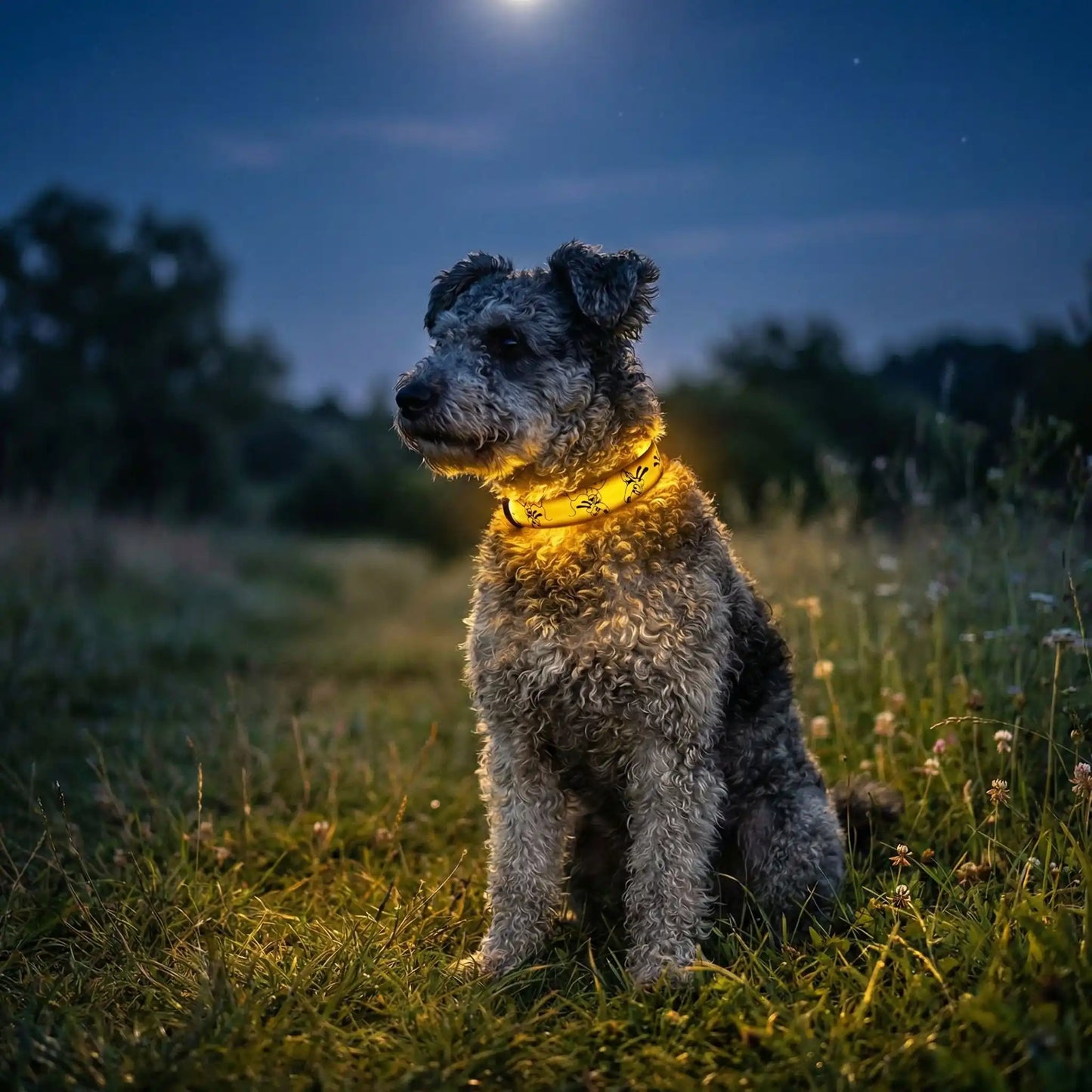 Un pumi assis sur une pelouse la nuit porte les colliers lumineux pour chiens Éclapet jaune.