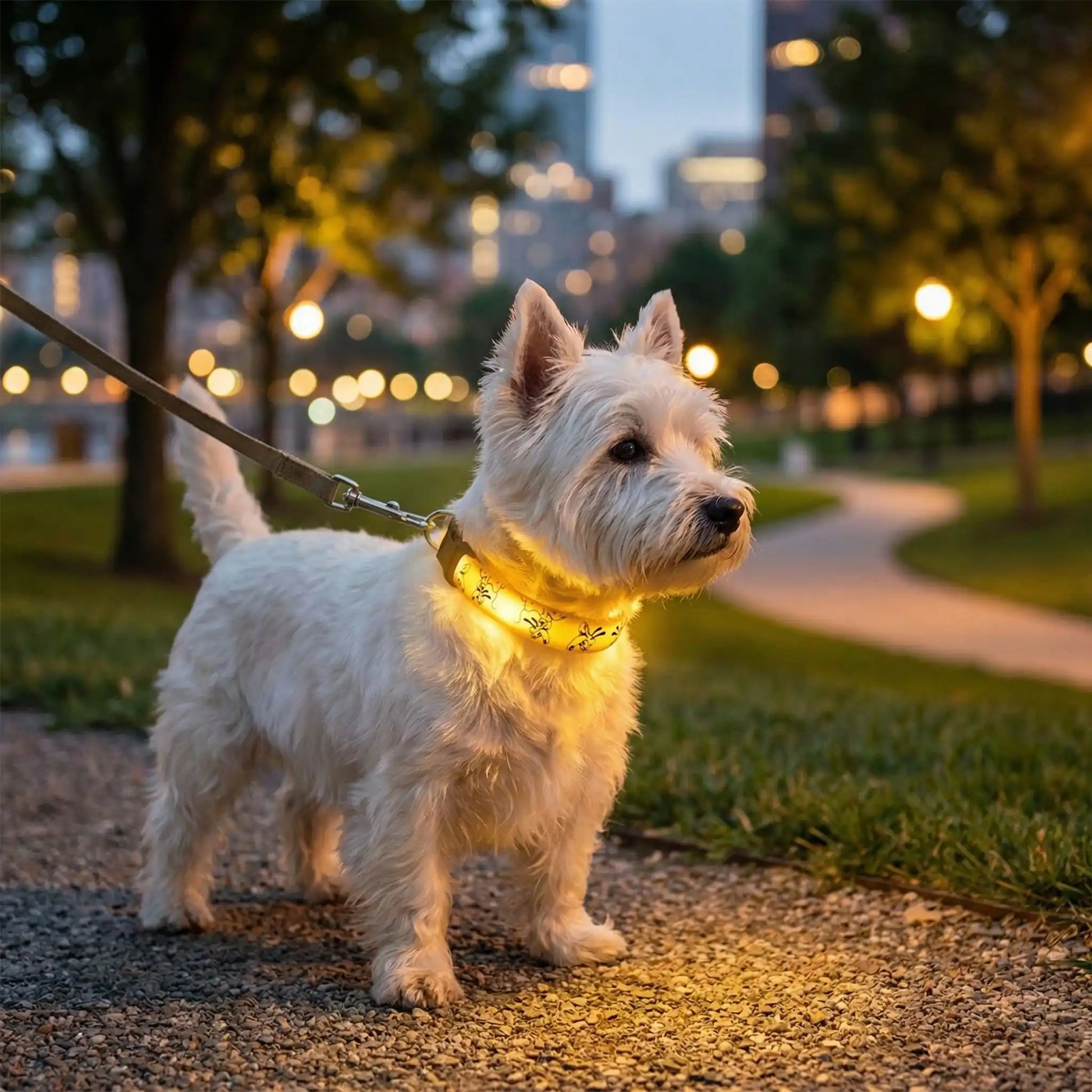 Un west highland marche en laisse la nuit avec les colliers lumineux pour chiens jaunes.