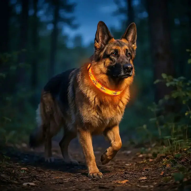 Un berger allemand dans la forêt la nuit porte un collier lumineux orange 