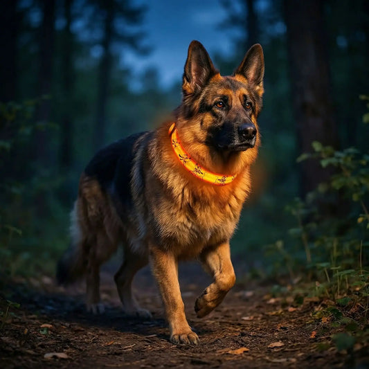 Un berger allemand dans la forêt la nuit porte les colliers lumineux pour chiens orange 