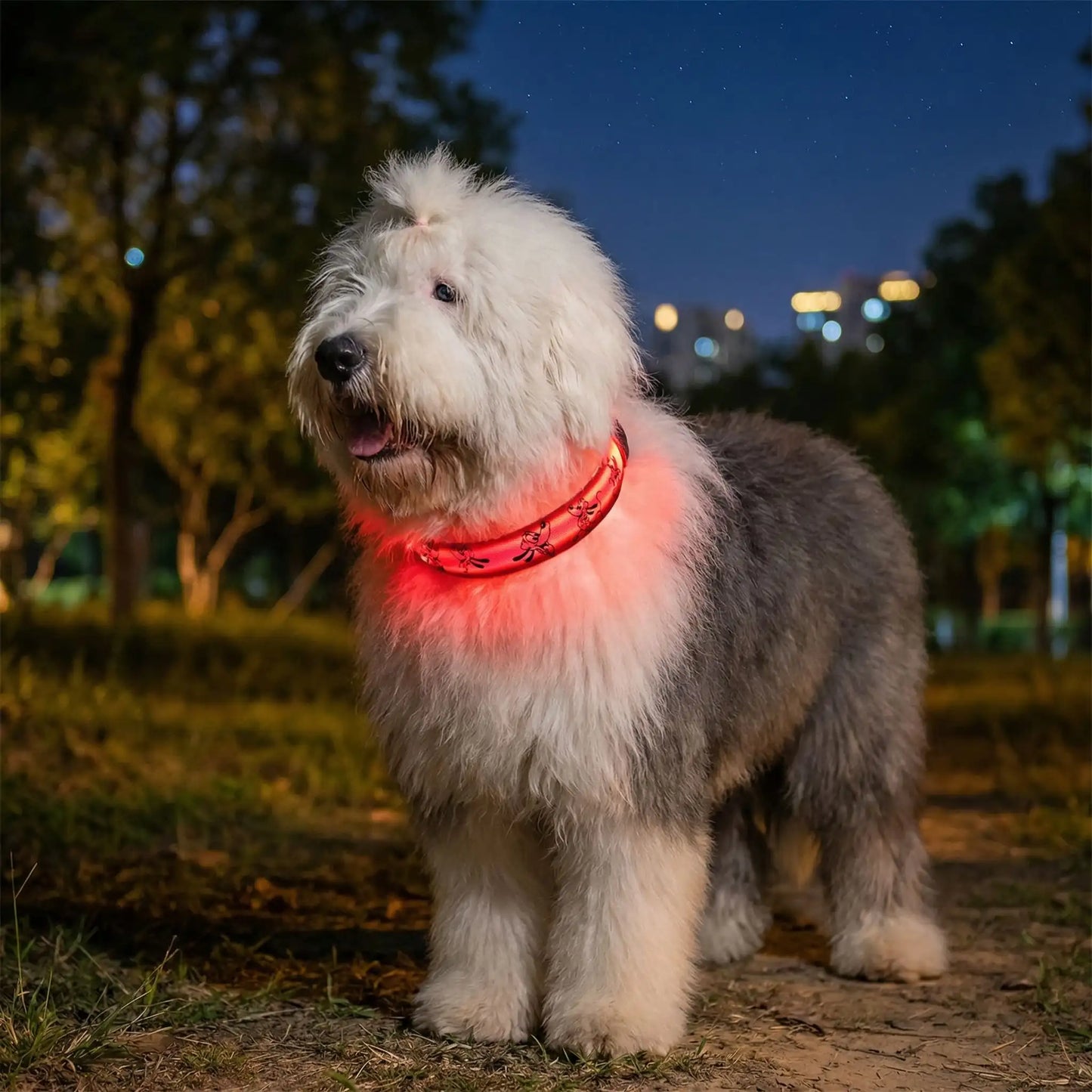 Un bobtail dans un sentier la nuit porte les colliers lumineux pour chiens rouges.