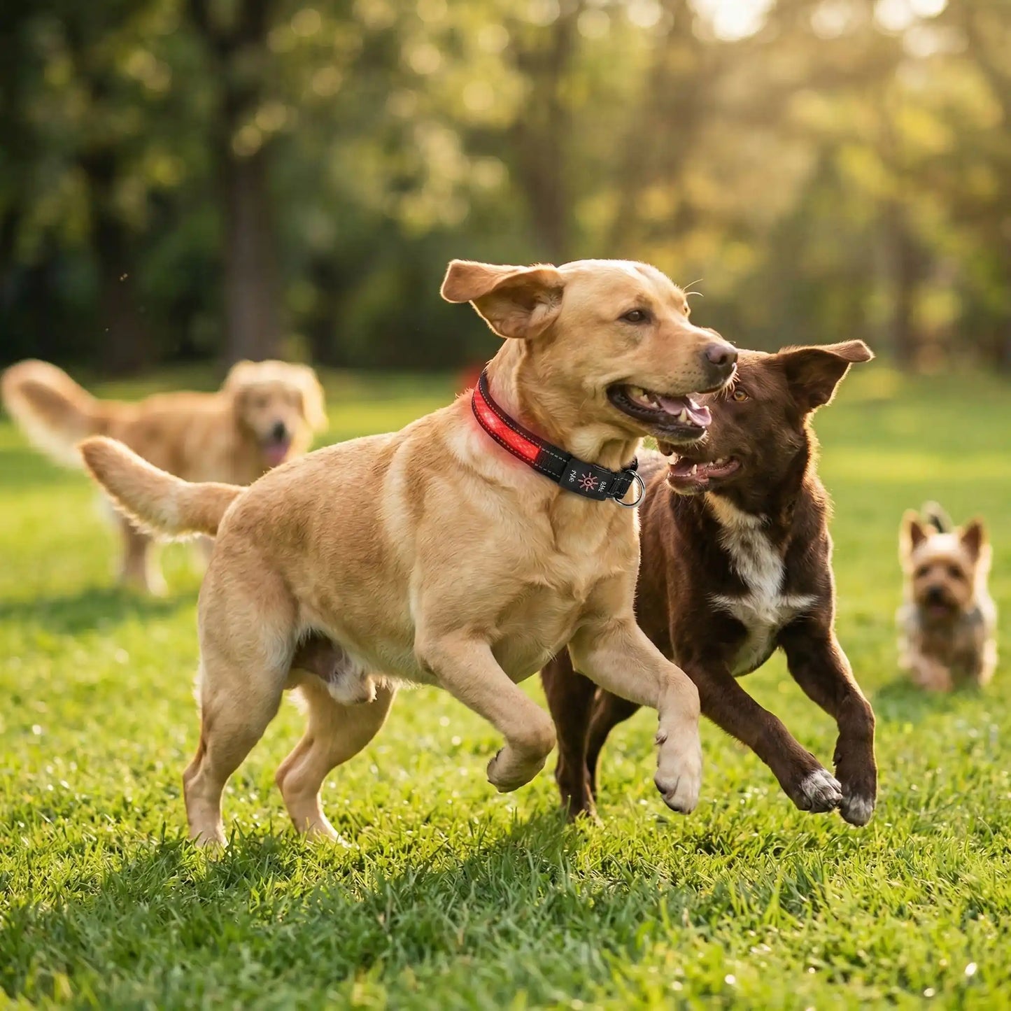Un labrador joue avec d'autres chiens, porte les colliers lumineux pour chien Luminette rouge.