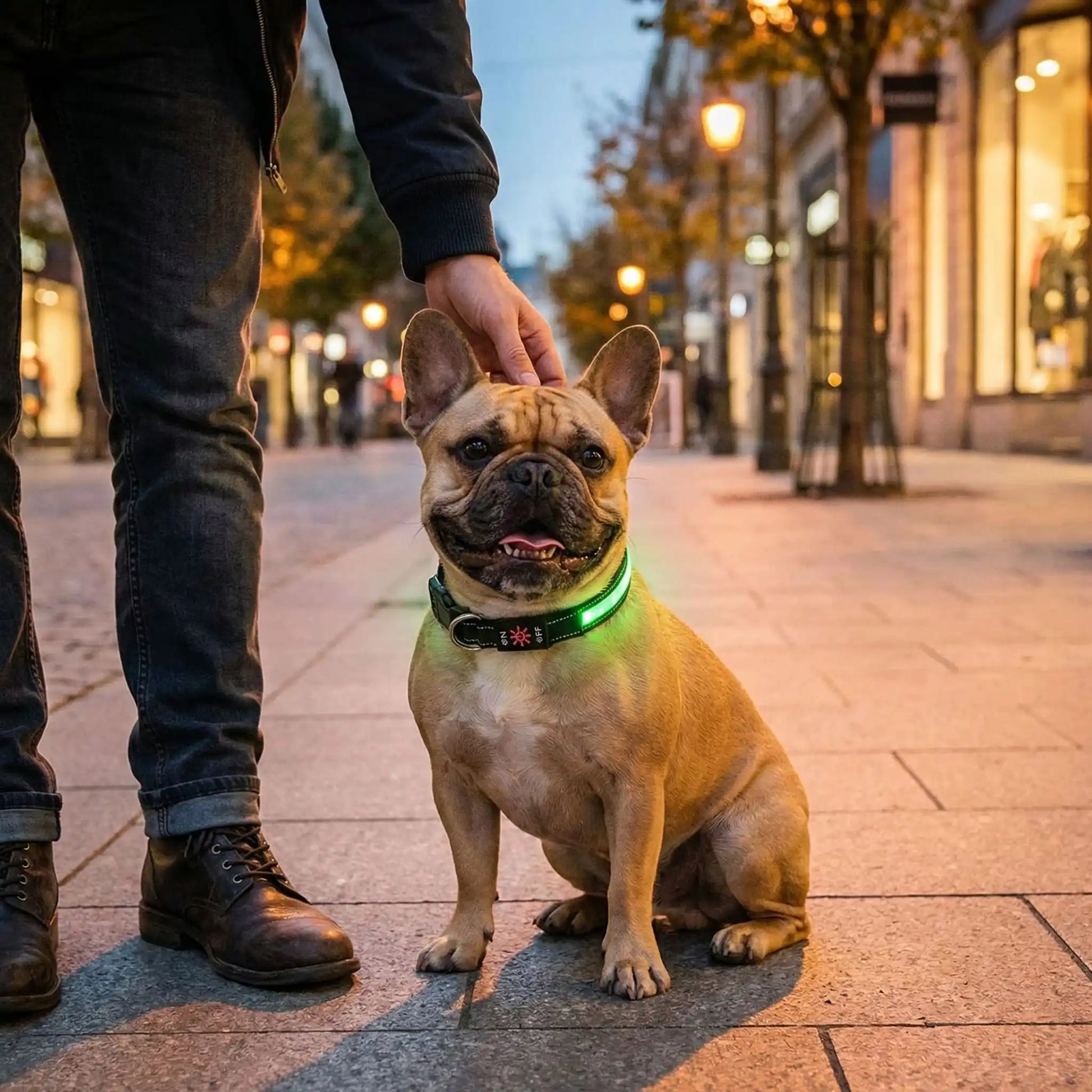 Un homme sur un trottoir la nuit caresse un bouledogue français qui porte les colliers lumineux pour chiens Luminette vert.