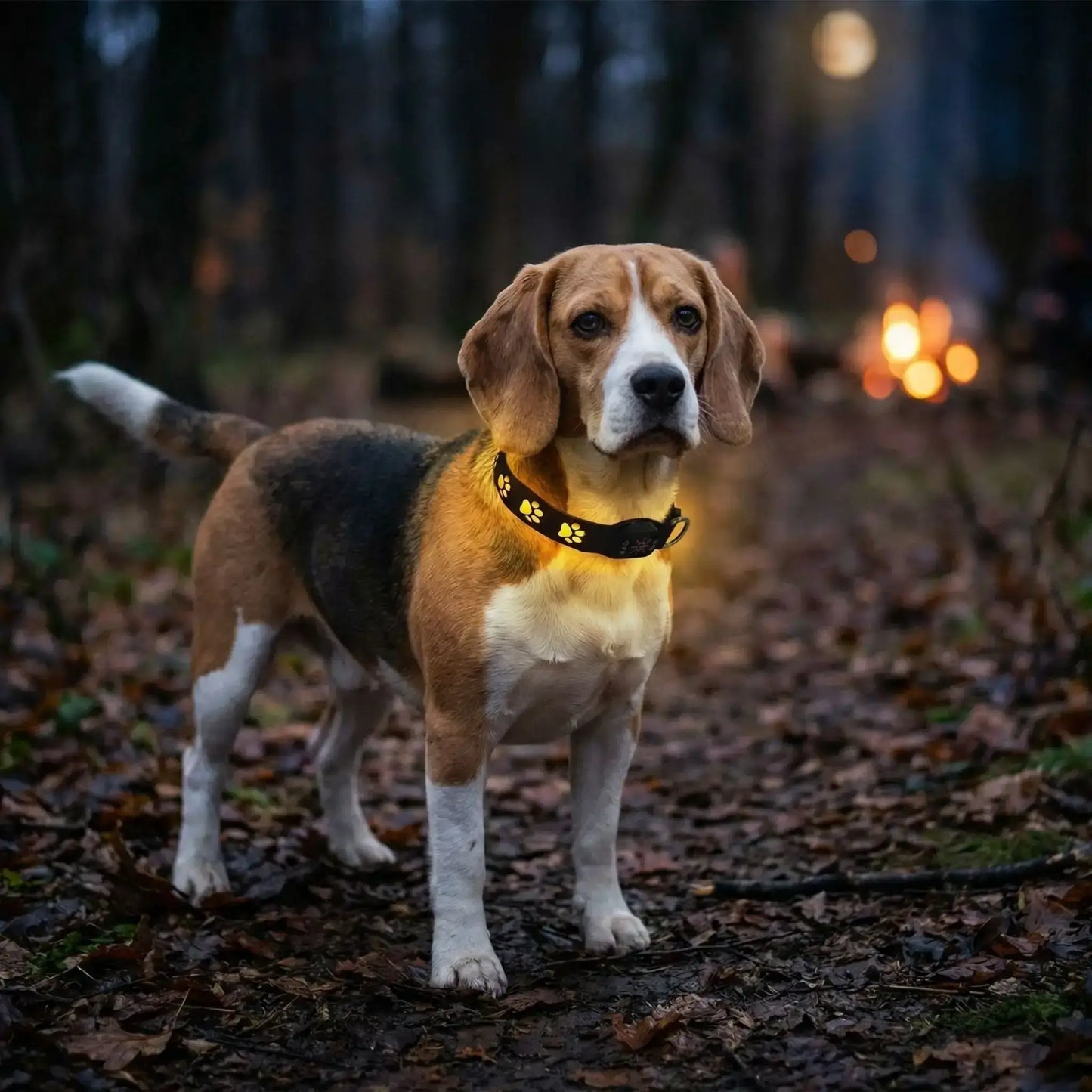 Un beagle la nuit dans la forêt porte les colliers lumineux pour chiens LumiPatte jaune.