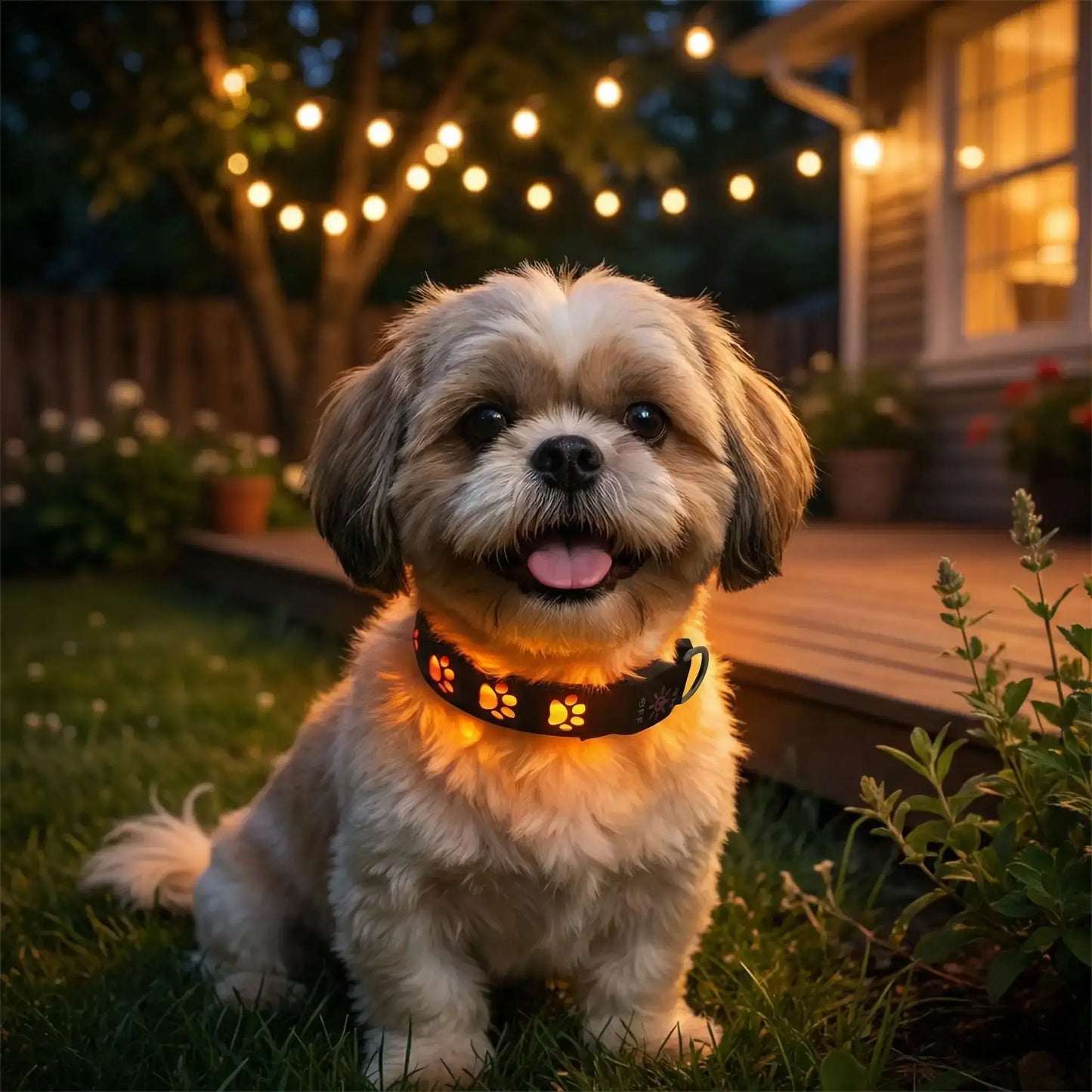 Un Shih Tzu dans une arrière-cour porte les colliers lumineux pour chiens LumiPatte orange.