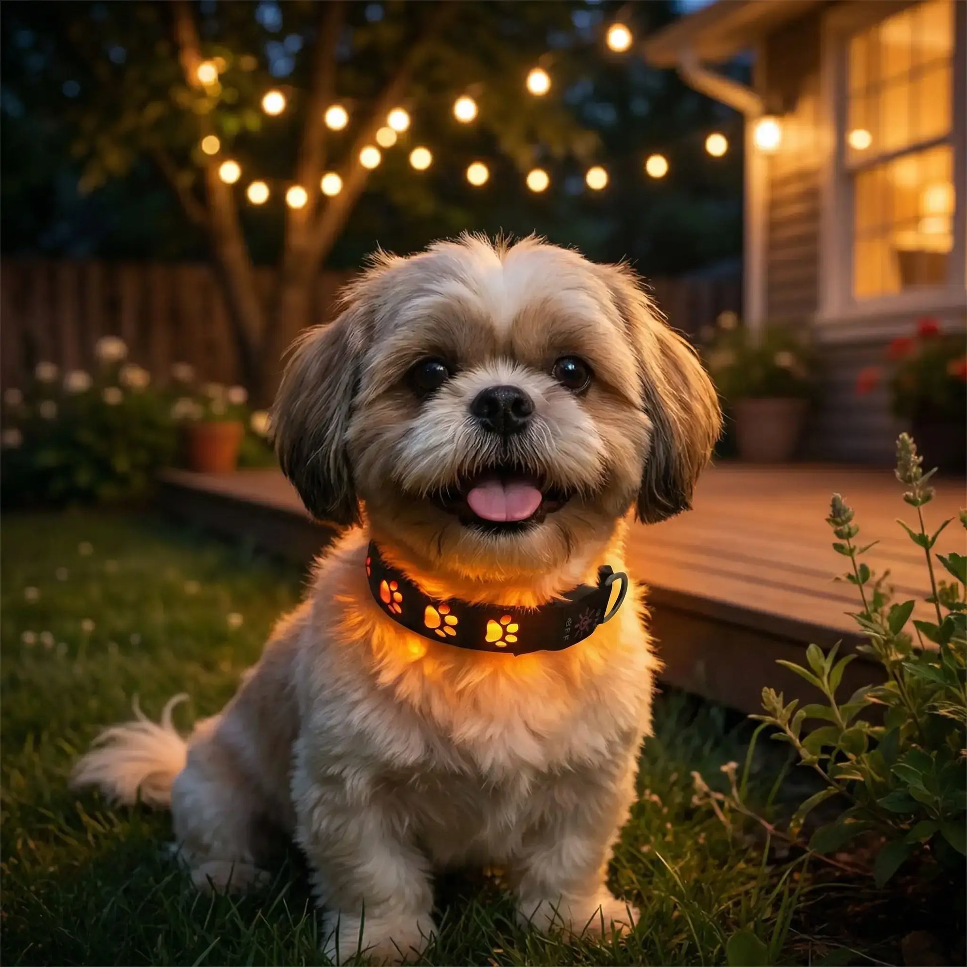 Un Shih Tzu dans une arrière-cour porte les colliers lumineux pour chiens LumiPatte orange.