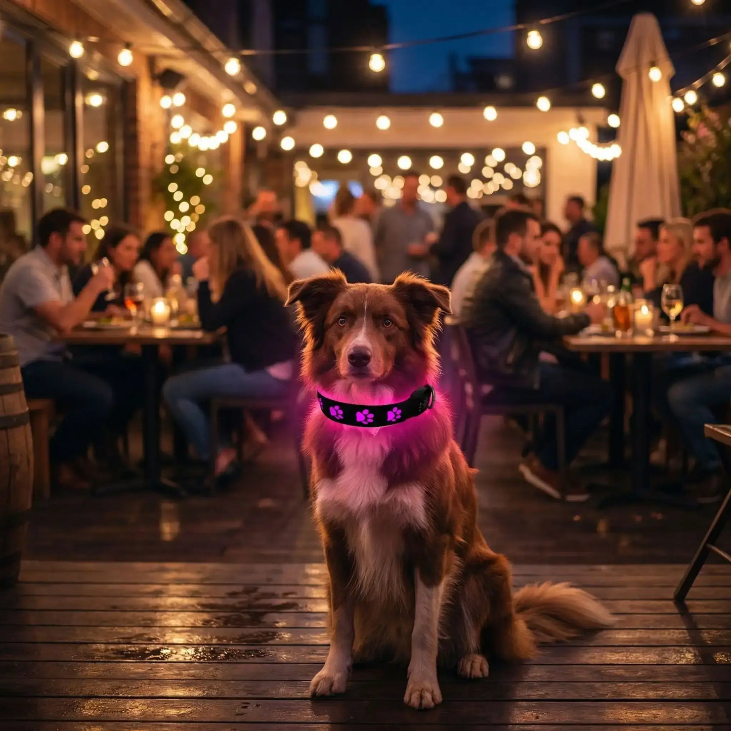 Un border collie brun dans une fête porte les colliers lumineux pour chiens LumiPatte rose.