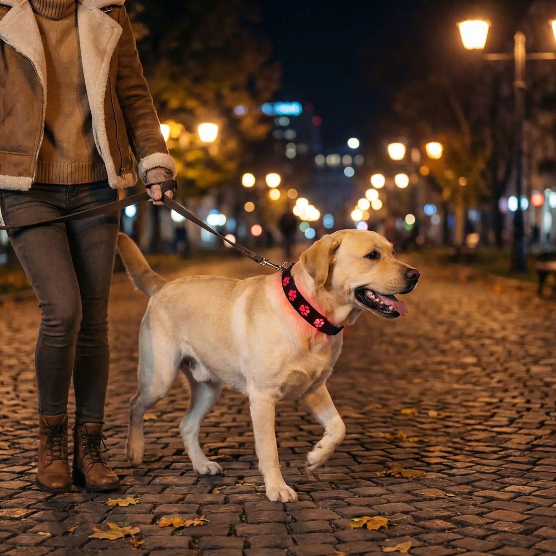 Une femme marche sur un trottoir la nuit avec son labrador qui porte les colliers lumineux pour chien LumiPatte rouge.