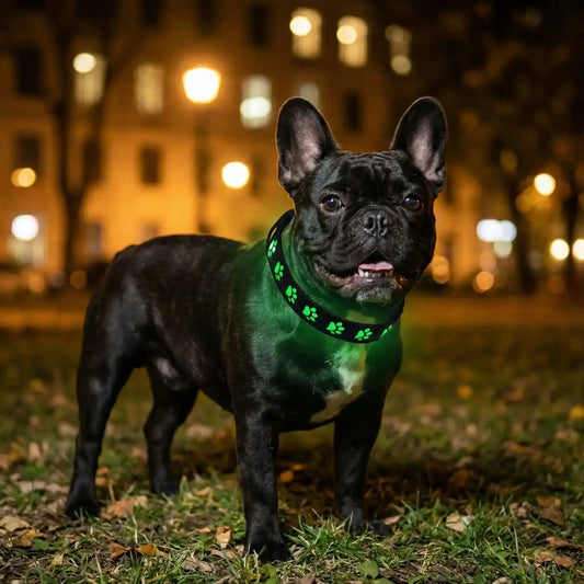 Un bouledogue français dans un parc de ville porte les colliers lumineux pour chiens LumiPatte vert.