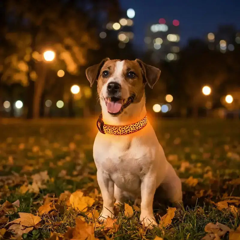 Un jack russell assis sur une pelouse la nuit porte les colliers lumineux pour chiens orange.