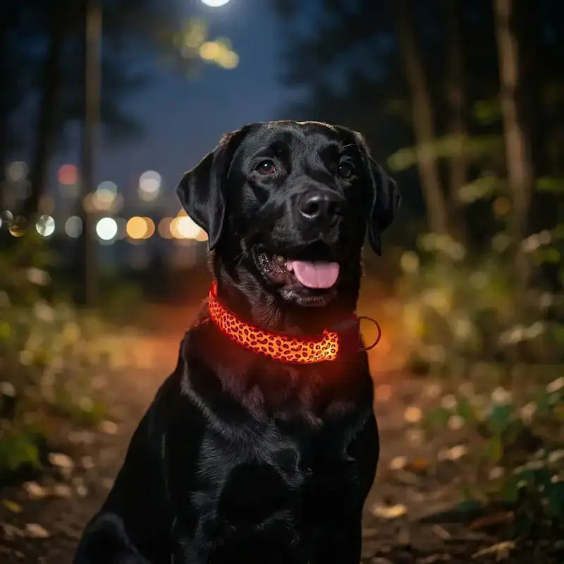 Un labrador assis la nuit porte les colliers lumineux pour chiens rouges.