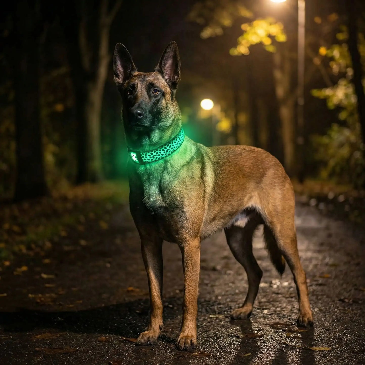 Un Malinois dans la rue la nuit porte les colliers lumineux pour chiens Brillou vert.