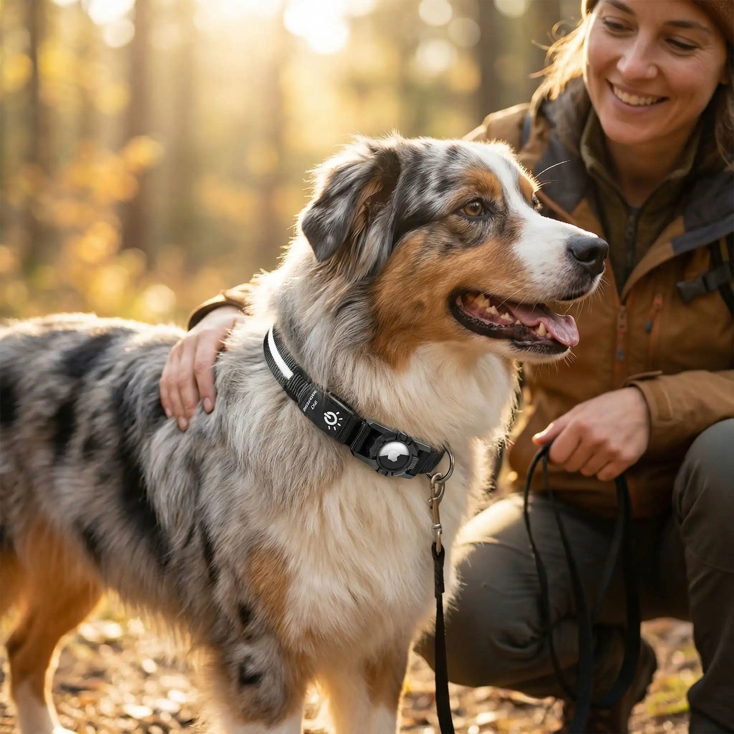 Un berger australien avec sa maîtresse porte les colliers lumineux pour chiens LumiPet noir.