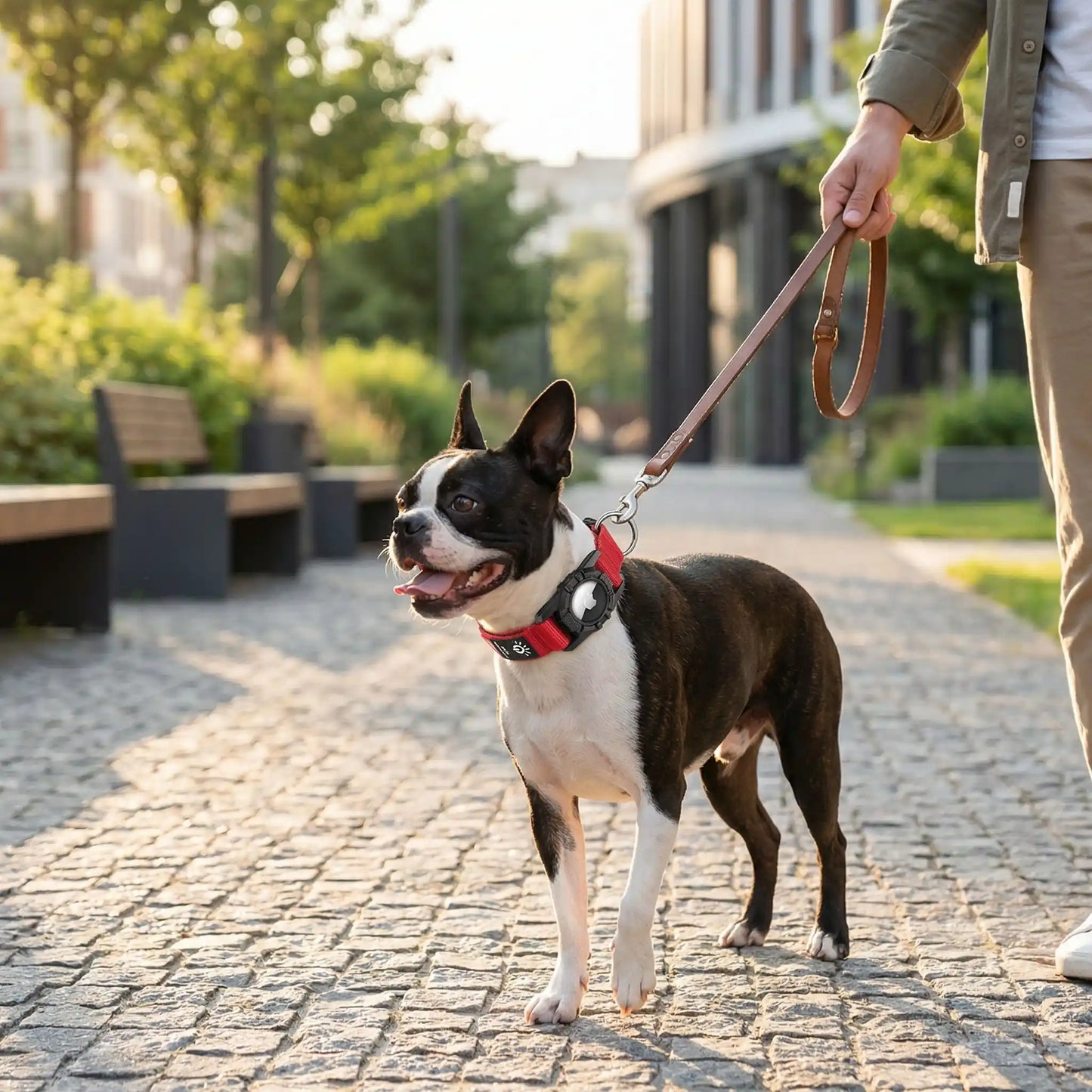 Un Boston terrier en laisse avec son maître porte les colliers lumineux pour chiens LumiPet rouge.
